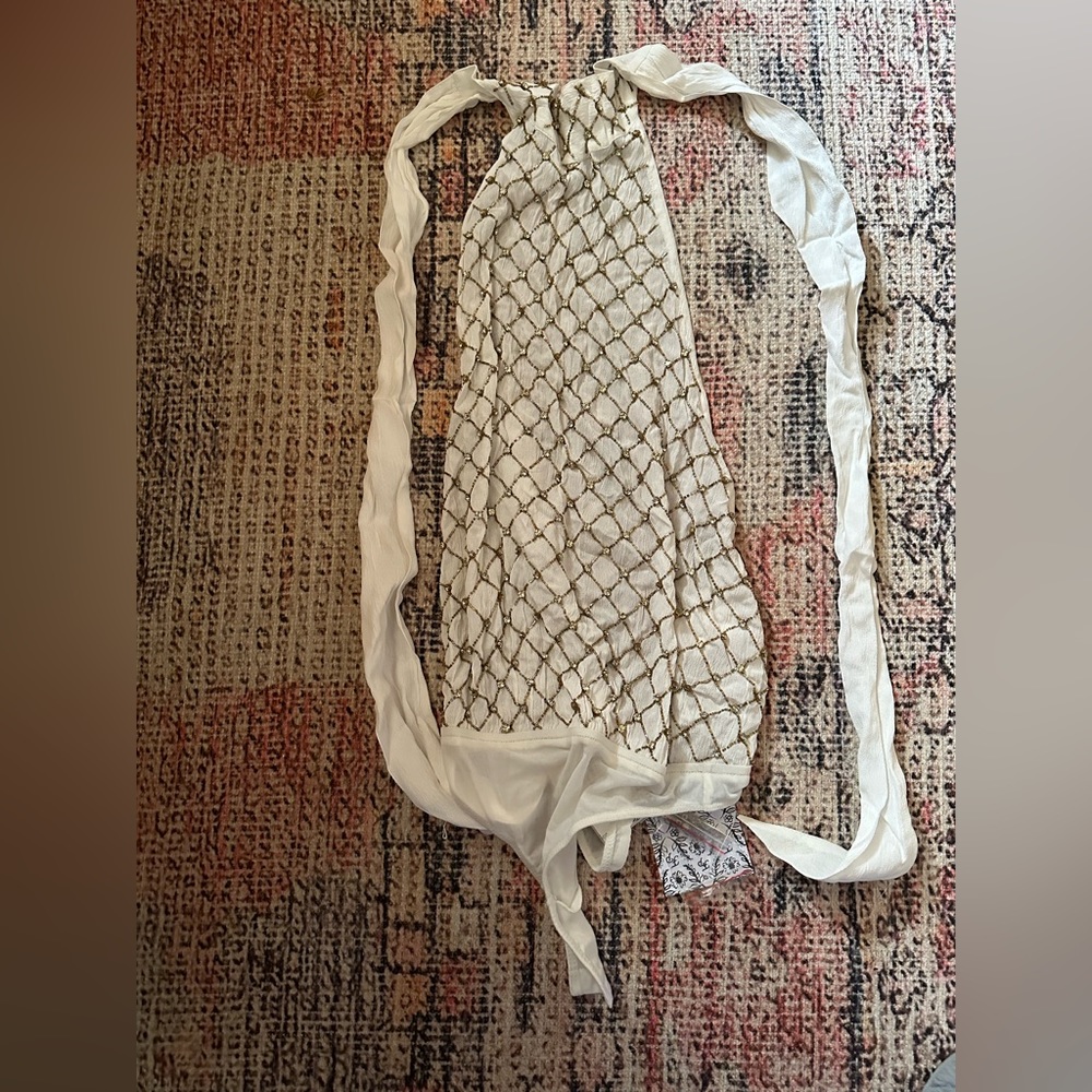 New Free People Sz XS Bling Bling Cha Ching Embellished Halter Bodysuit White